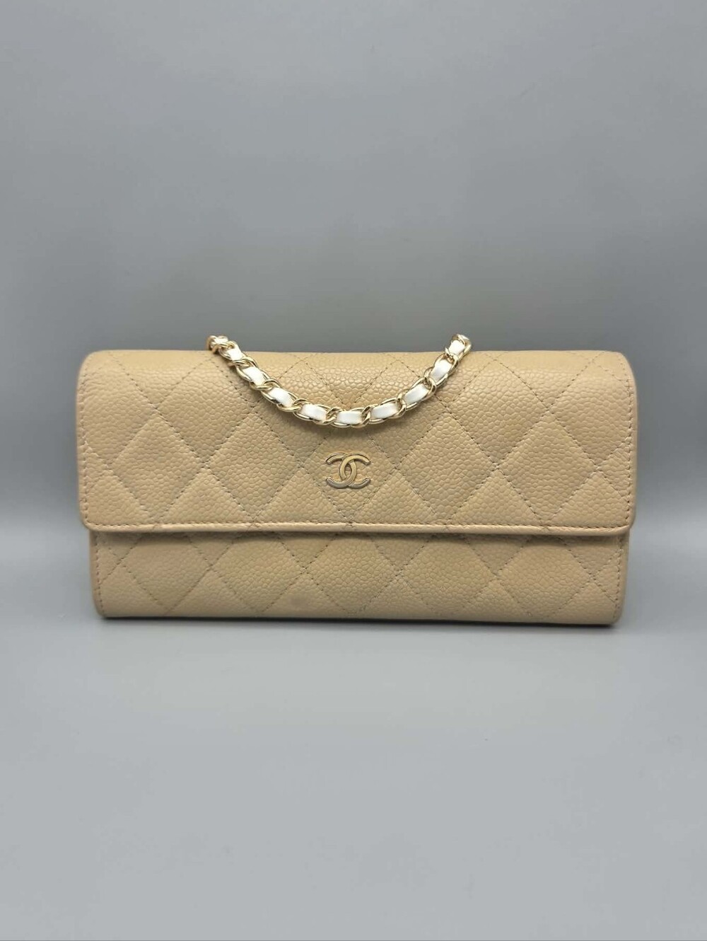 💛CHANEL Quilted Leather Beige Flap Wallet/Clutch💛